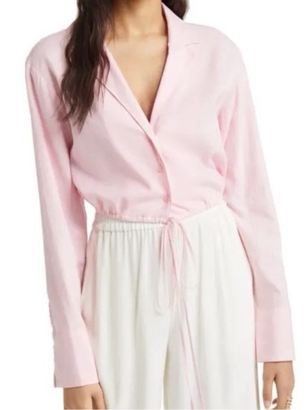 Open Edit Tie Hem Linen Blend Cropped Long Sleeve Top - Pink Lightweight